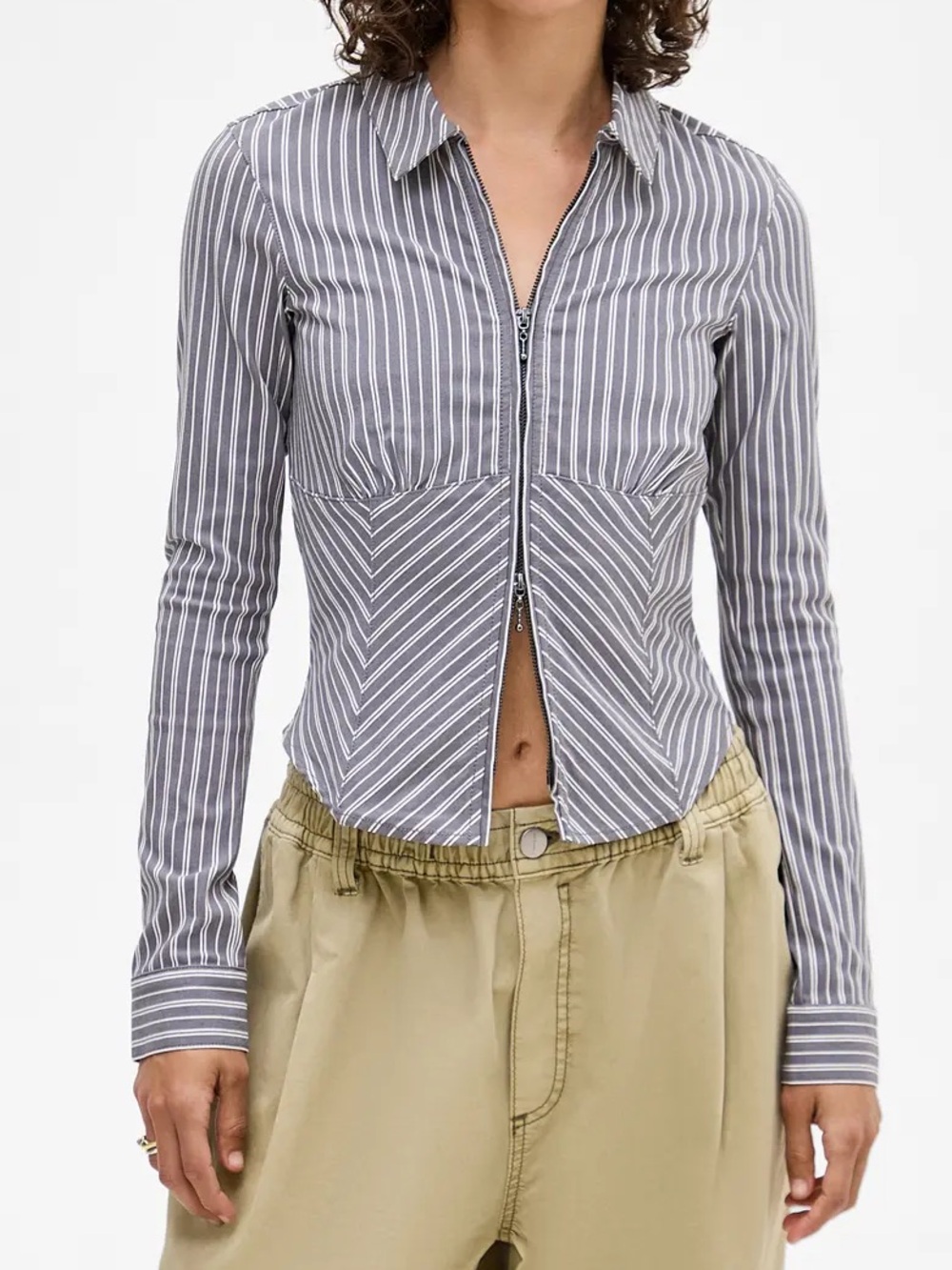 Urban Outfitters Striped Zip-up Long-Sleeve top in Gray and White